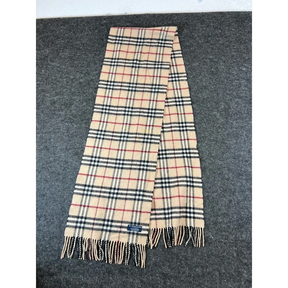 Burberry London Lambswool Scarf Womens Beige Tan Plaid Fringed Winter Preppy